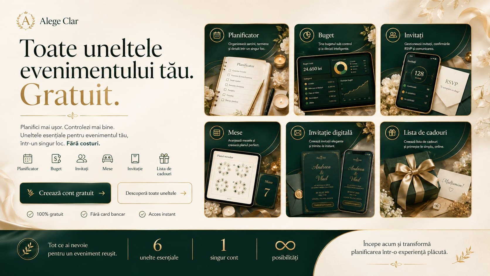 Toate uneltele evenimentului tău, gratuit: planificator, buget, invitați, mese, invitație digitală și listă de cadouri