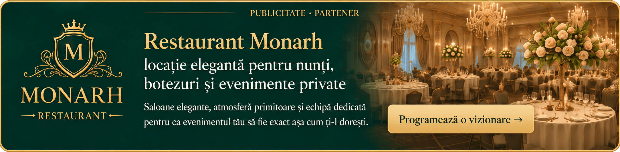 Restaurant Monarh — locație elegantă pentru nunți, botezuri și evenimente private. Saloane elegante, atmosferă primitoare și echipă dedicată.