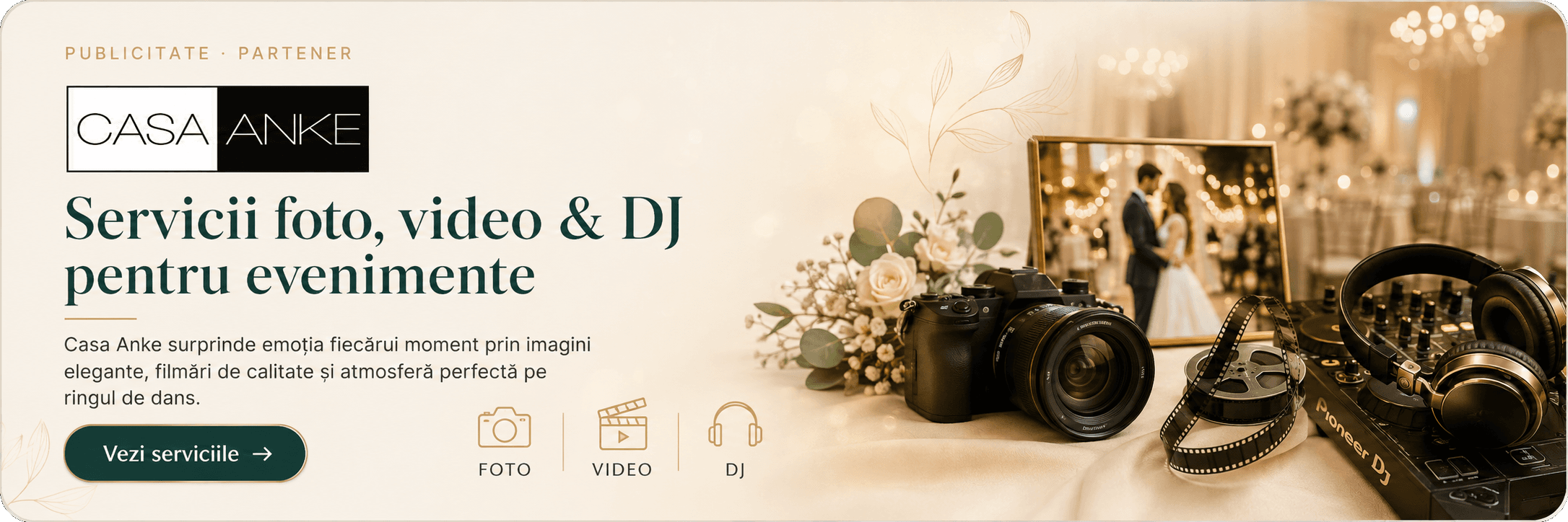 Casa Anke — servicii foto, video și DJ pentru evenimente în București. Aparat foto, peliculă de film și pupitru DJ, lângă o fotografie de nuntă.